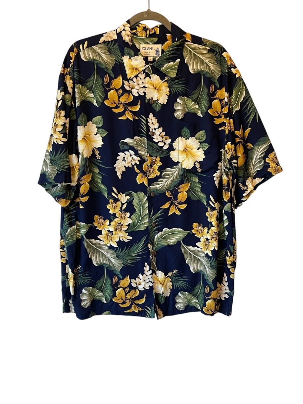 Iolani Vintage Hawaiian button up shirt Large Blue floral tropical Mens Vacation